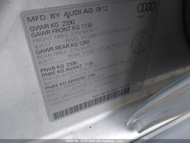 2013 Audi A4 Allroad 2.0t მანქანა იყიდება აუქციონზე, vin: WA19FCFL7DA137147, აუქციონის ნომერი: 12662798