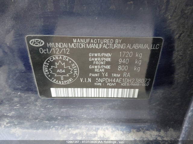 2013 Hyundai Elantra Gls მანქანა იყიდება აუქციონზე, vin: 5NPDH4AE1DH238072, აუქციონის ნომერი: 12667257