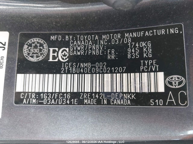 Auction sale of the 2009 Toyota Corolla Le, vin: 2T1BU40E09C021207, lot number: 12629085