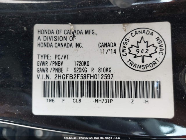 2HGFB2F58FH012597 Honda CIVIC EX