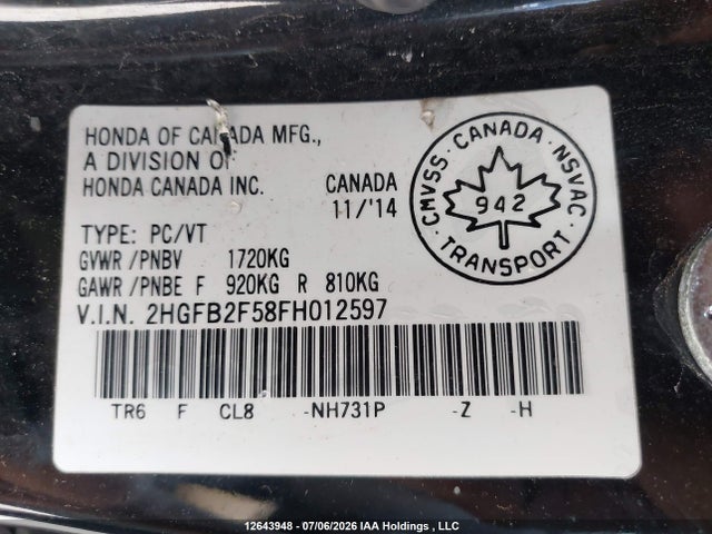 Honda CIVIC EX 2015 2HGFB2F58FH012597 Image 9