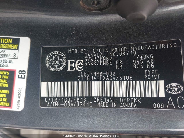 Продаж на аукціоні авто 2010 Toyota Corolla Ce, vin: 2T1BU4EEXAC475106, номер лоту: 12649651