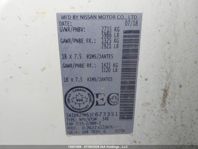 5N1DR2MM6JC672351 Nissan Pathfinder Midnight Edition/platinum/s/sl Premium/sv Tech