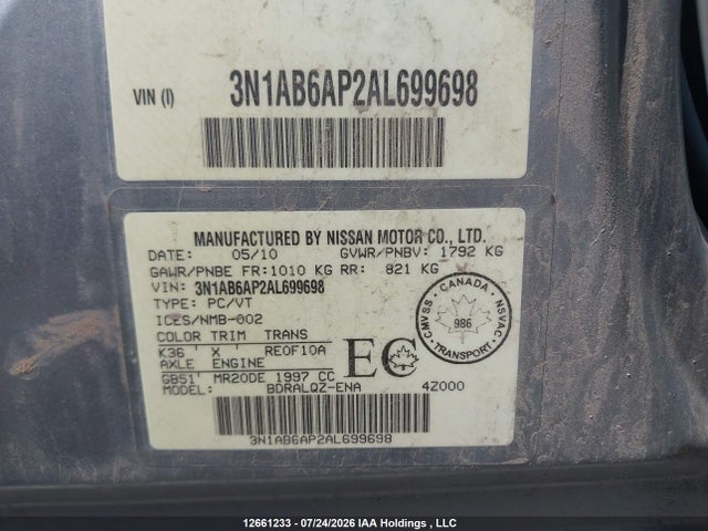 12661233 :رقم المزاد ، 3N1AB6AP2AL699698 vin ، 2010 Nissan Sentra 2.0 مزاد بيع