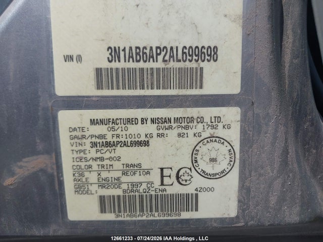 12661233 :رقم المزاد ، 3N1AB6AP2AL699698 vin ، 2010 Nissan Sentra 2.0 مزاد بيع