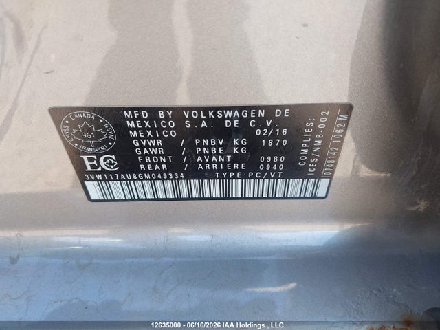 12635000 :رقم المزاد ، 3VW117AU8GM049334 vin ، 2016 Volkswagen Golf 1.8 Tsi Comfortline/1.8 Tsi Highline/1.8 Tsi Trendline مزاد بيع