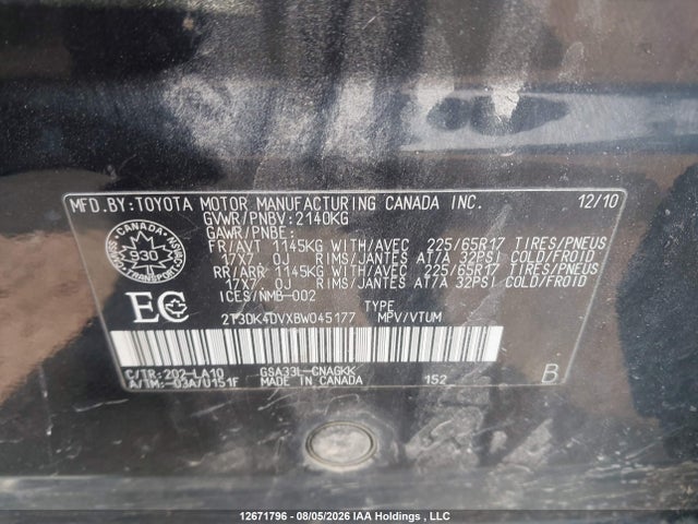 12671796 :رقم المزاد ، 2T3DK4DVXBW045177 vin ، 2011 Toyota Rav4 Limited مزاد بيع