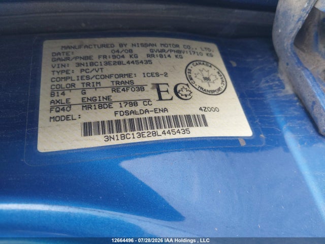 12664496 :رقم المزاد ، 3N1BC13E28L445435 vin ، 2008 Nissan Versa 1.8 S مزاد بيع