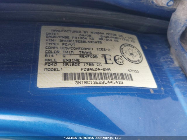 12664496 :رقم المزاد ، 3N1BC13E28L445435 vin ، 2008 Nissan Versa 1.8 S مزاد بيع