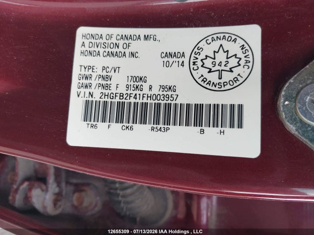 Honda Civic Lx 2015 2HGFB2F41FH003957 Image 9