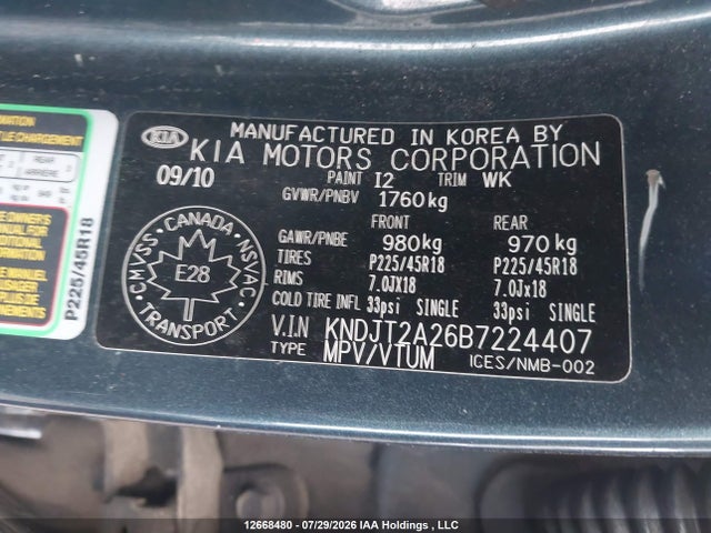 12668480 :رقم المزاد ، KNDJT2A26B7224407 vin ، 2011 Kia Soul 2.0l 2u/2.0l 4u/2.0l 4u Burner/2.0l 4u Luxury/2.0l 4u Retro/2.0l 4u Sx مزاد بيع