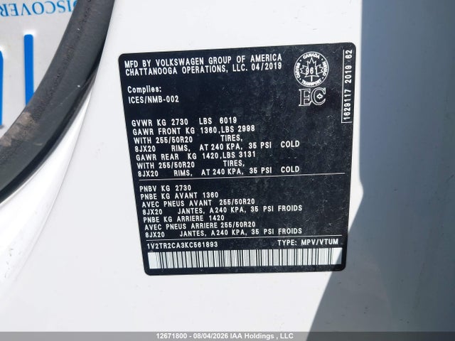 12671800 :رقم المزاد ، 1V2TR2CA3KC561893 vin ، 2019 Volkswagen Atlas Sel Premium مزاد بيع