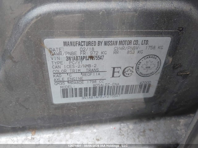 Продажа на аукционе авто 2018 Nissan Sentra 1.8 S/1.8 Sv/1.8 Sv Midnight Edition, vin: 3N1AB7AP8JY275547, номер лота: 12671801