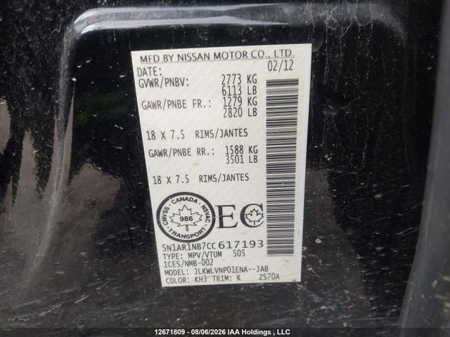 2012 Nissan Pathfinder S/le/se მანქანა იყიდება აუქციონზე, vin: 5N1AR1NB7CC617193, აუქციონის ნომერი: 12671809