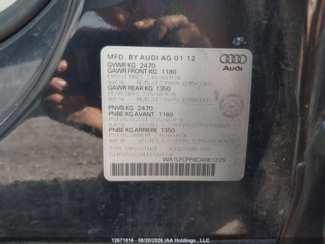 Продаж на аукціоні авто 2012 Audi Q5 2.0t Premium, vin: WA1LFCFP6CA081225, номер лоту: 12671816