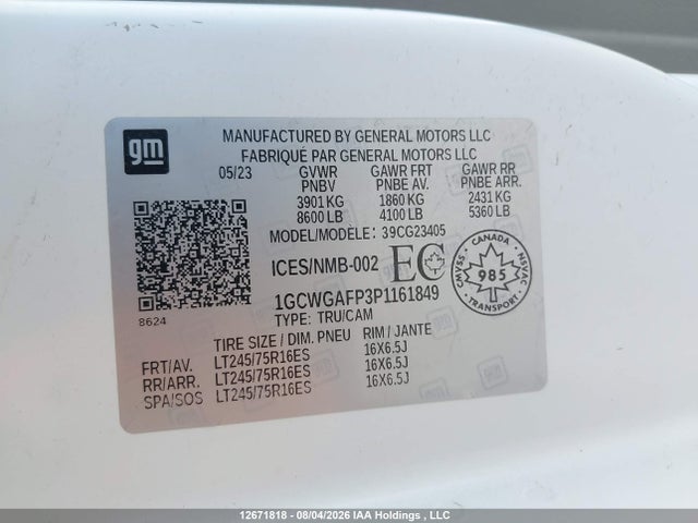2023 Chevrolet Express G2500 მანქანა იყიდება აუქციონზე, vin: 1GCWGAFP3P1161849, აუქციონის ნომერი: 12671818