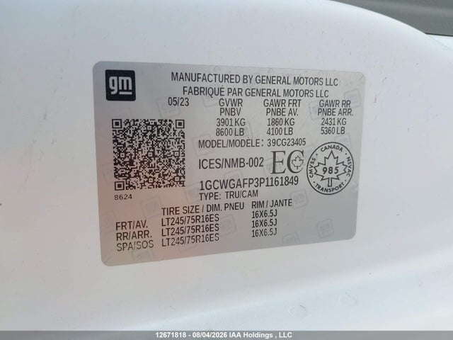 2023 Chevrolet Express G2500 მანქანა იყიდება აუქციონზე, vin: 1GCWGAFP3P1161849, აუქციონის ნომერი: 12671818