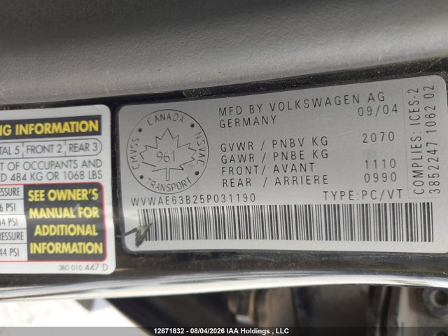 Продаж на аукціоні авто 2005 Volkswagen Passat Gls Tdi, vin: WVWAE63B25P031190, номер лоту: 12671832