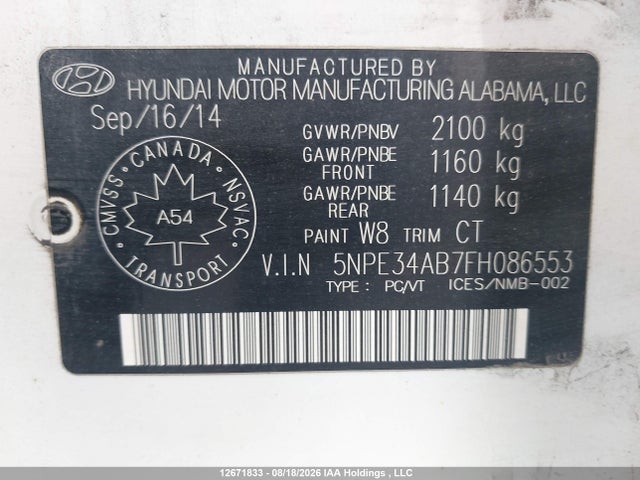 Продаж на аукціоні авто 2015 Hyundai Sonata 2.0t, vin: 5NPE34AB7FH086553, номер лоту: 12671833