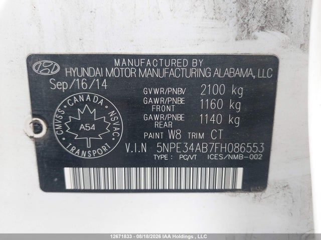 Продаж на аукціоні авто 2015 Hyundai Sonata 2.0t, vin: 5NPE34AB7FH086553, номер лоту: 12671833