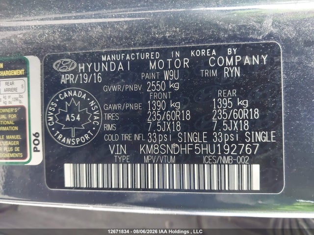 Aukcja sprzedaży 2017 Hyundai Santa Fe Se/limited, vin: KM8SNDHF5HU192767, numer aukcji: 12671834