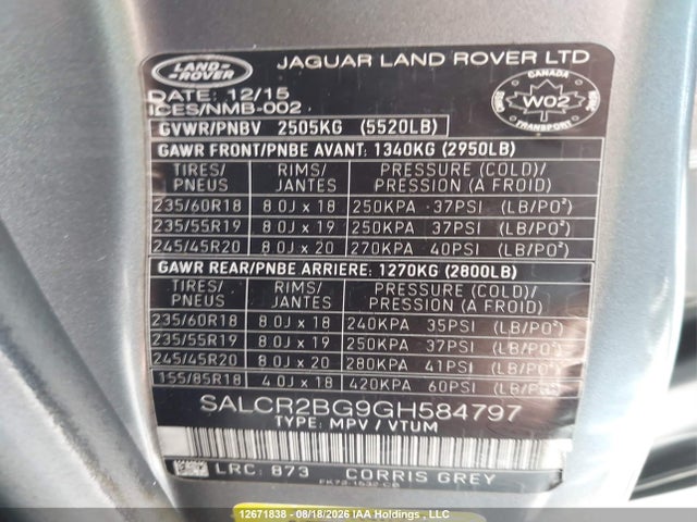 SALCR2BG9GH584797 Land Rover Discovery Sport Hse