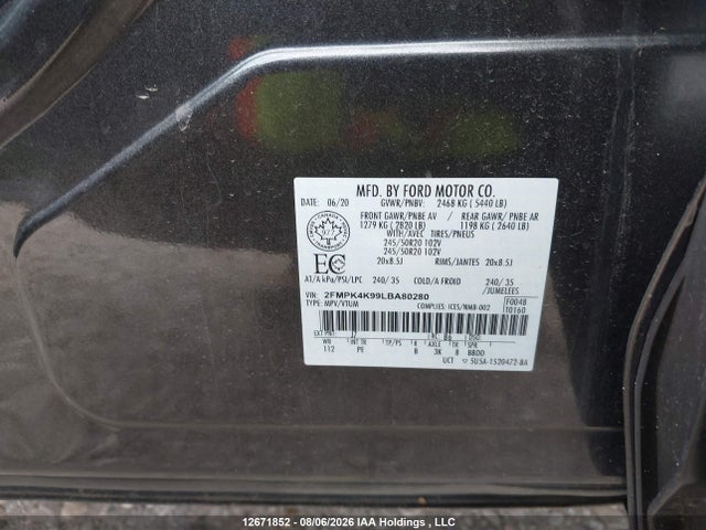 12671852 :رقم المزاد ، 2FMPK4K99LBA80280 vin ، 2020 Ford Edge Titanium مزاد بيع