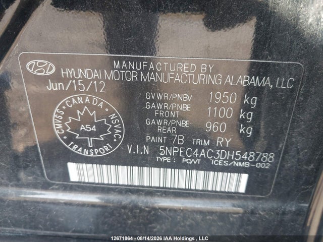 Продажа на аукционе авто 2013 Hyundai Sonata, vin: 5NPEC4AC3DH548788, номер лота: 12671864