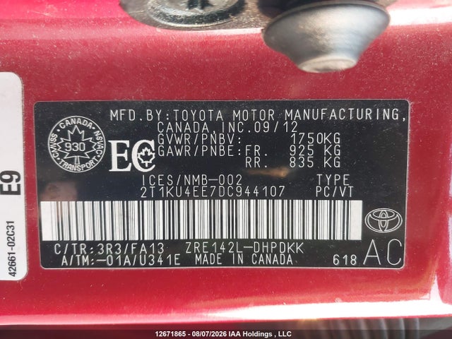 12671865 :رقم المزاد ، 2T1KU4EE7DC944107 vin ، 2013 Toyota Matrix Wagon مزاد بيع