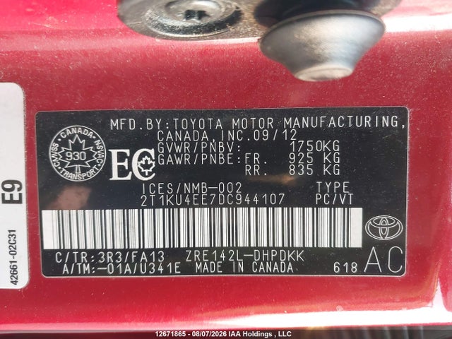 12671865 :رقم المزاد ، 2T1KU4EE7DC944107 vin ، 2013 Toyota Matrix Wagon مزاد بيع