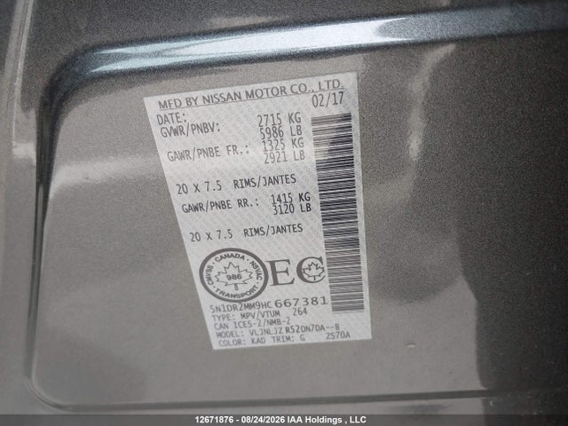 5N1DR2MM9HC667381 Nissan Pathfinder Platinum/s/sl/sv