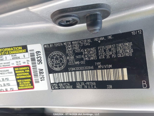 Продаж на аукціоні авто 2013 Toyota Sienna Le V6, vin: 5TDKK3DC6DS302646, номер лоту: 12652934