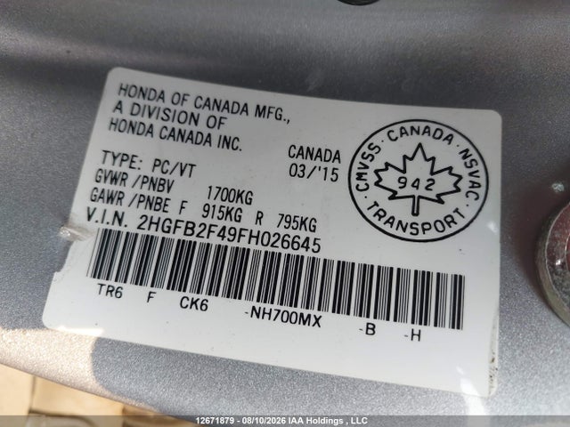 Honda Civic Lx 2015 2HGFB2F49FH026645 Image 20
