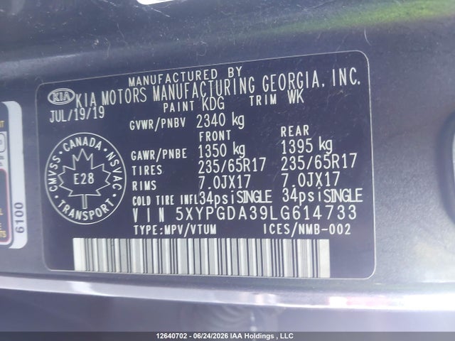 2020 Kia Sorento 2.4l Lx/2.4l Lx+/3.3l Lx+ მანქანა იყიდება აუქციონზე, vin: 5XYPGDA39LG614733, აუქციონის ნომერი: 12640702