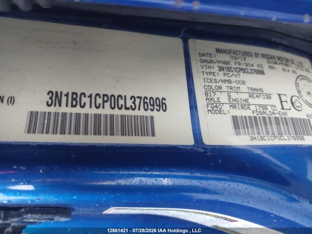 12661421 :رقم المزاد ، 3N1BC1CP0CL376996 vin ، 2012 Nissan Versa 1.8 S مزاد بيع