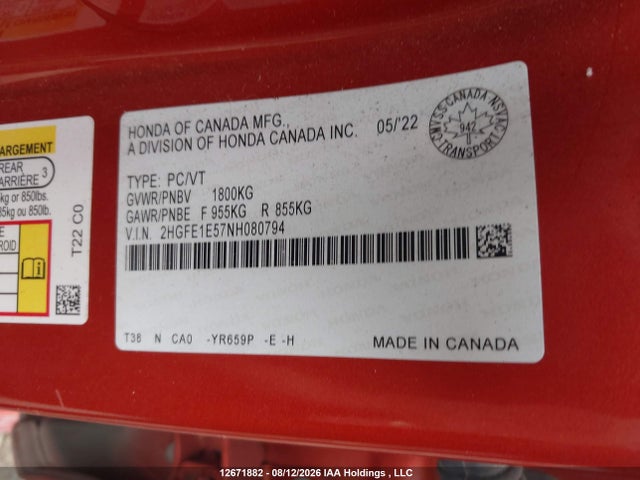 Honda Civic 2022 2HGFE1E57NH080794 Image 9