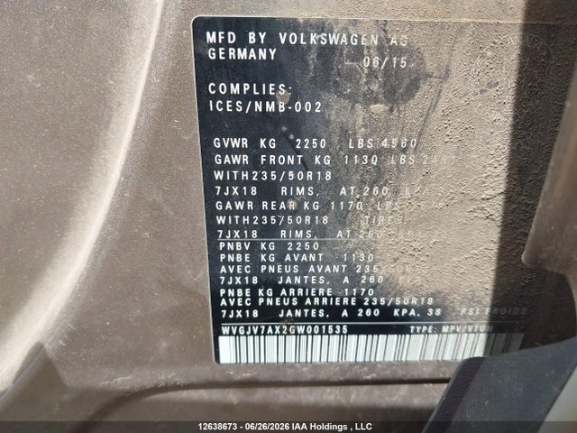 WVGJV7AX2GW001535 Volkswagen Tiguan Comfortline/highline/special Edition