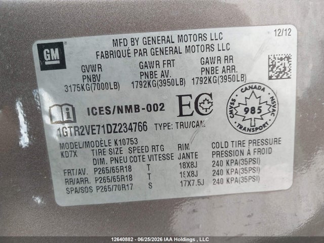 Aukcja sprzedaży 2013 Gmc Sierra 1500 Sle, vin: 1GTR2VE71DZ234766, numer aukcji: 12640882
