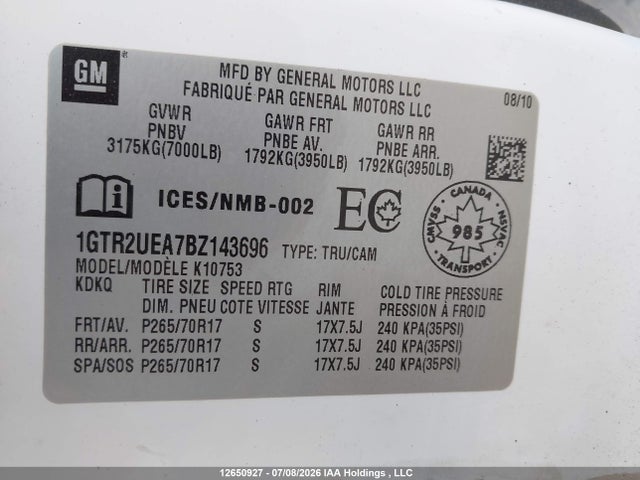 12650927 :رقم المزاد ، 1GTR2UEA7BZ143696 vin ، 2011 Gmc Sierra 1500 Sl مزاد بيع