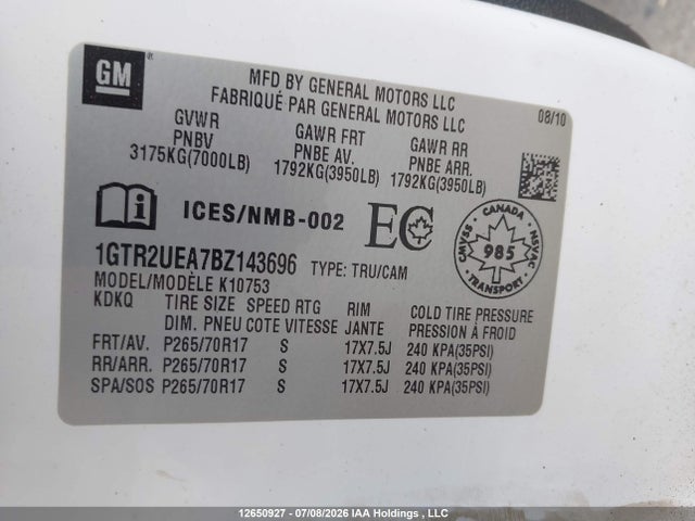 12650927 :رقم المزاد ، 1GTR2UEA7BZ143696 vin ، 2011 Gmc Sierra 1500 Sl مزاد بيع