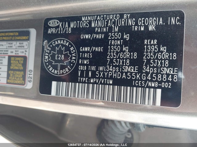 Продаж на аукціоні авто 2019 Kia Sorento 3.3l Ex/3.3l Ex+, vin: 5XYPHDA55KG458848, номер лоту: 12654737