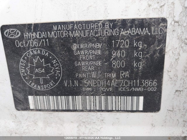 12655018 :رقم المزاد ، 5NPDH4AE7CH113866 vin ، 2012 Hyundai Elantra Gl مزاد بيع