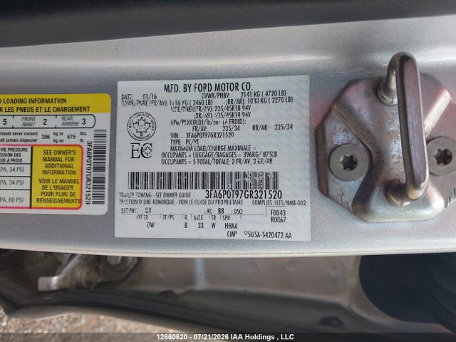 2016 Ford Fusion Se მანქანა იყიდება აუქციონზე, vin: 3FA6P0T97GR321520, აუქციონის ნომერი: 12660620
