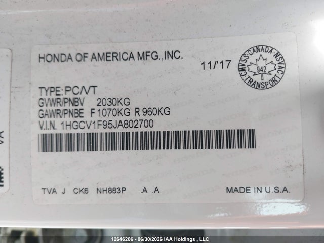 1HGCV1F95JA802700 Honda Accord Touring