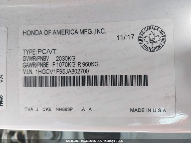 1HGCV1F95JA802700 Honda Accord Touring