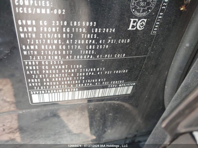 3VV2B7AX4JM166786 Volkswagen Tiguan Comfortline