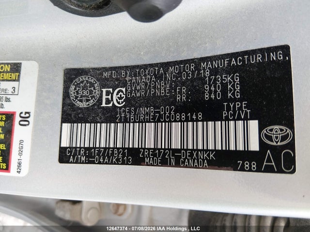 Toyota COROLLA LE 2018 2T1BURHE7JC088148 Image 9