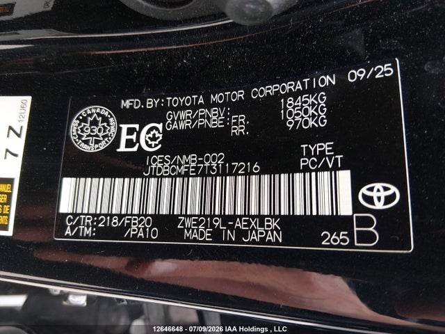 JTDBCMFE7T3117216 Toyota Corolla Hybrid Le