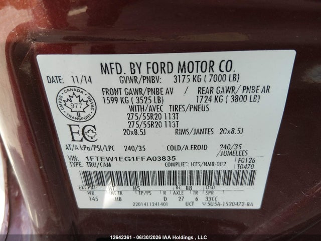 Ford F-150 Lariat 2015 1FTEW1EG1FFA03835 Image 9