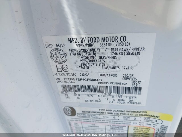 2012 Ford F-150 Xlt მანქანა იყიდება აუქციონზე, vin: 1FTFW1EF4CFB88437, აუქციონის ნომერი: 12652378